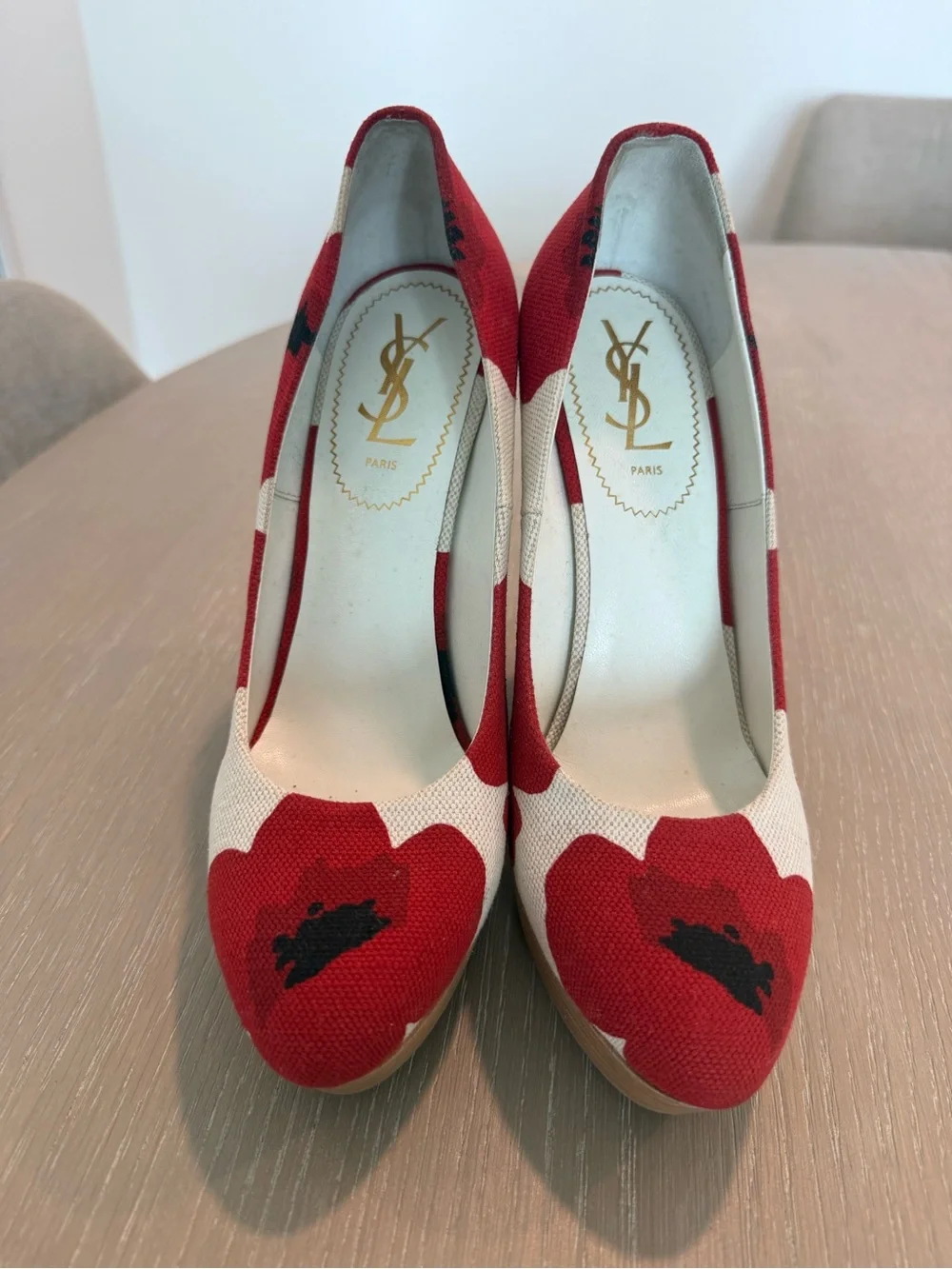 Saint Laurent Red and Cream Floral Platform Pumps - Picture 3 of 4